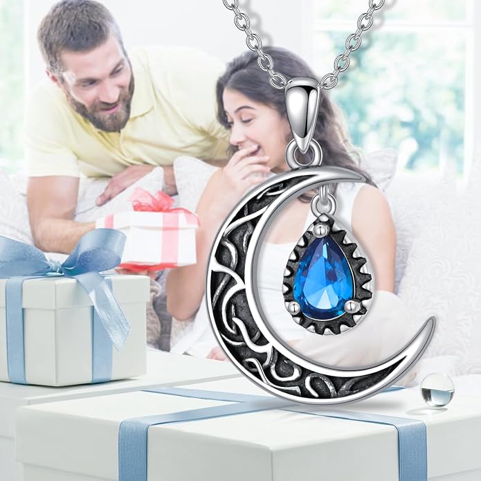 VONALA Crescent Moon Necklace Sterling Silver Emerald/Red/Purple/Black/Rainbow Topaz/Green/Aquamarine/Blue/Moss Agate Celtic Moon Teardrop Necklace Celtic Jewelry Gifts for Women Birthday