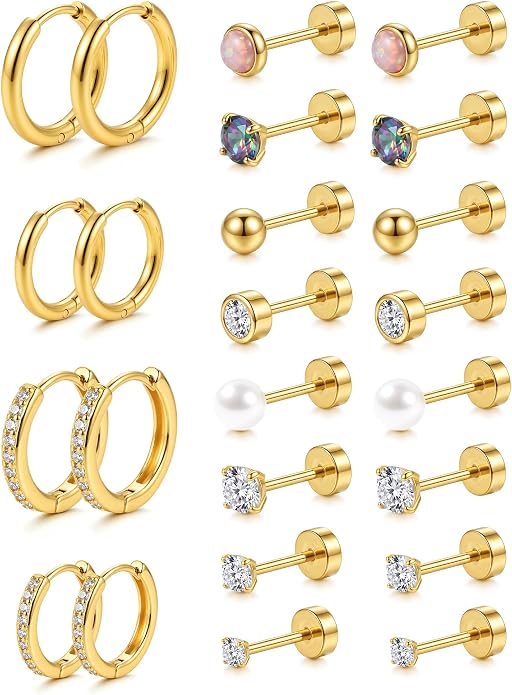 14K Gold Plated Hypoallergenic Earring Stack Set, Surgical Steel Flat Back & Screw Back Studs, Multi‑Size Small Huggie Hoops, Nickel‑Free CZ Pearl Opal Cartilage Earrings, Comfortable Sleeping Piercing Jewelry for Sensitive Ears Women & Men