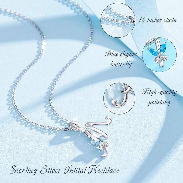 EUDORA Sterling Silver Butterfly Initial Necklaces for Women, Elegant Letter Neckles Personalized Gift for Mother, Sister, Daughter, 18 inch Chai