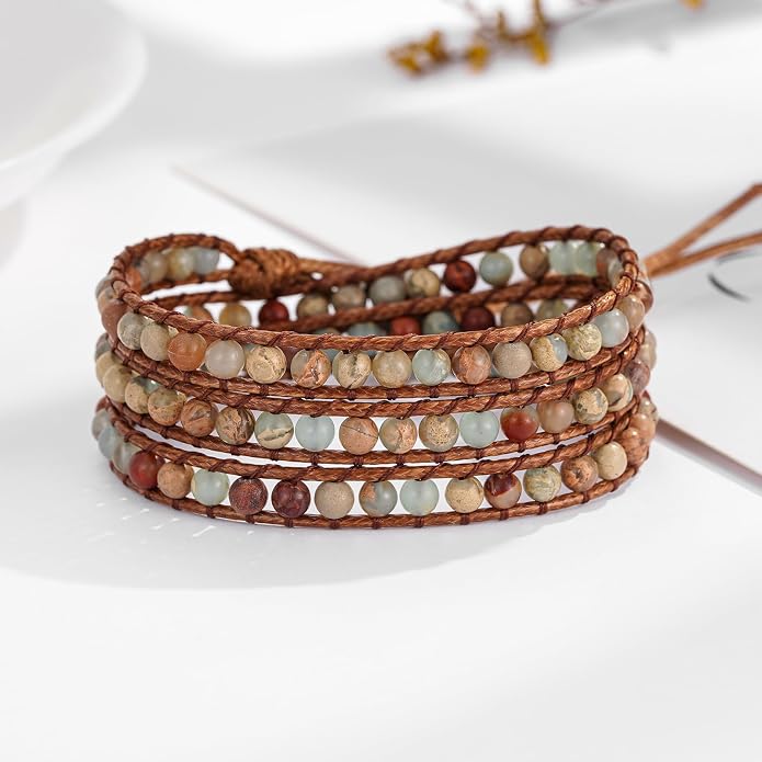 Plumiss Women Boho Handmade Natural Stone Crystal Leather Bead Wrap Bracelets Collection