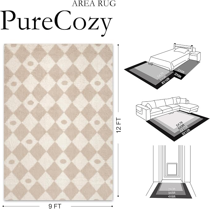 PureCozy Checkered Rug 9x12 Fluffy Shag Living Room Beige Area Rug Modern Washable Carpet Soft Shaggy Non Slip Indoor Plush Fuzzy Rugs for Bedroom Dorm Office Home Aesthetic Decor