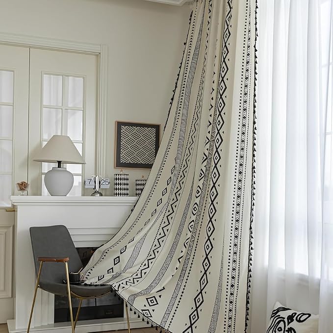 Black Geometric Curtains 54 Inches Long, Boho Farmhouse Light Filtering Rod Pocket Drapes with Tassel Trim for Bedroom Living Room, 2 Panels