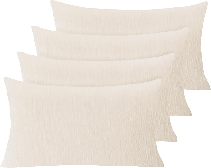 Set of 4 Cream White Throw Pillow Covers 12x20 Inch, Neutral Boho Farmhouse Aesthetic Decorative Pillow Cases for Couch, Sofa, Living Room & Bed, Chenille Pillow Cases, Stylish Home Decor, 30x50 cm