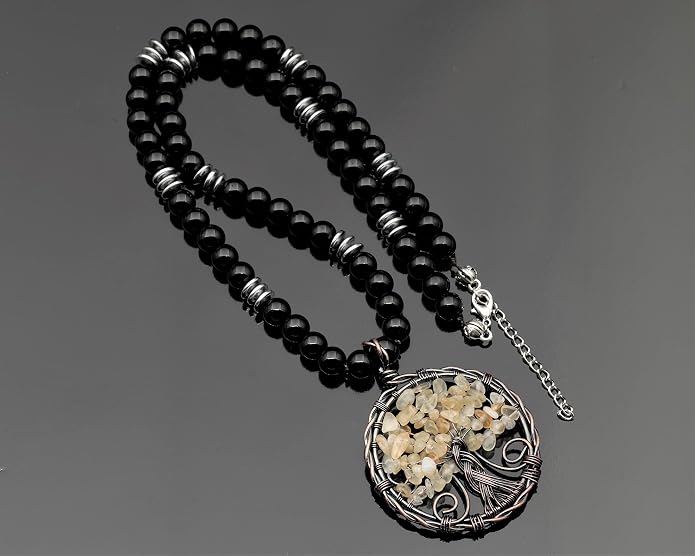 ElisaJewelryArt - Natural Amethyst Big Tree Of Life Pendant Black Onyx Stone Beaded Necklace Genuine Gemstone Feng Shui Stone Clasp Closure Necklace Unisex Necklace