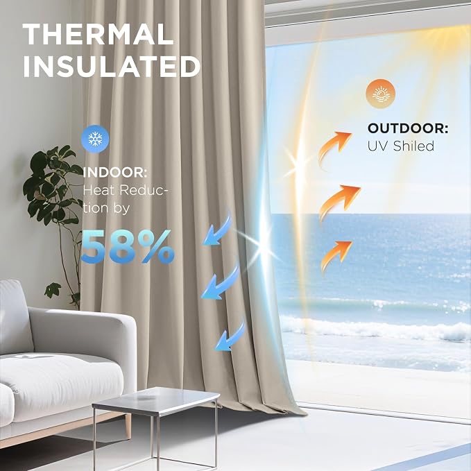Joydeco 100% Blackout Velvet Curtains Light Beige 102 Inch Back Tab | Luxury Thermal Insulated Velvet Curtains for Bedroom Living Room, Soundproof Blackout Window Drapes