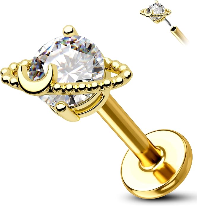 Cocharm 14K Solid Gold Cartilage Earring - Planet Yellow Gold Flat Back Helix Stud, 16g