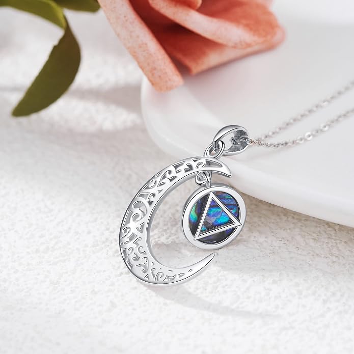 Sobriety Alcoholics Anonymous Necklace Sterling Silver AA Thors Hammer/Moon Pendant Recovery Symbol Jewelry for Women Her