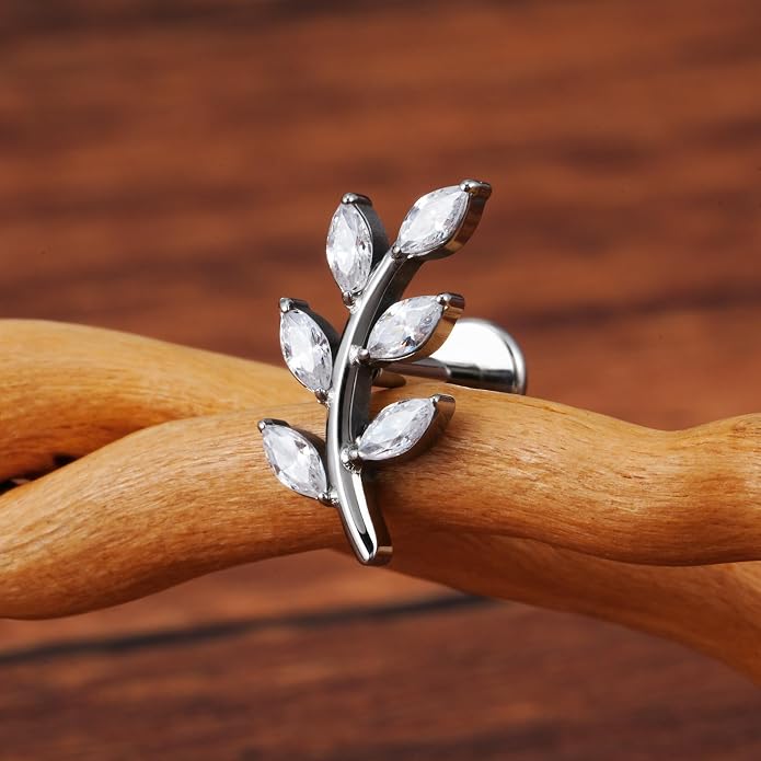 FINE4U 1PC Leaf Flat Back Stud Flat, Helix, Conch, Tragus 6mm 8mm - ASTM F136 Titanium Screw on Body Piercing Jewelry