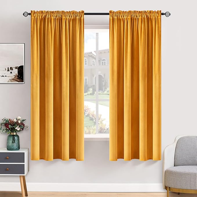 MIULEE Mustard Yellow Blackout Velvet Curtains Drapes 63 Inch Long 52"x63" | Luxurious Bedroom Living Room Decor, Room Darkening, Thermal Insulated, Rod Pocket Design, Super Soft Fabric