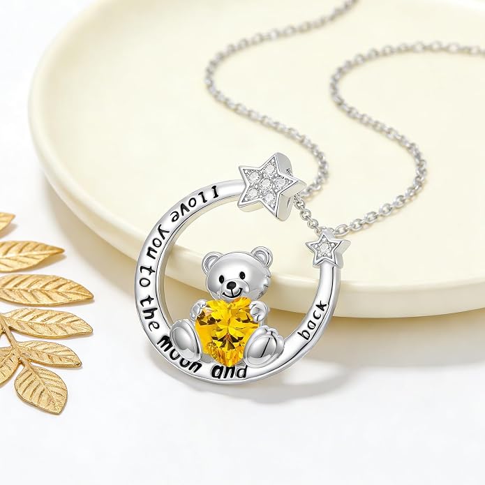 PELOVNY Teddy Bear Necklace for Women 925 Sterling Silver Bear/Highland Cow/Fox/Cat/Axolotl Birthstone Necklace Christmas Birthday Jewelry Gifts for Mom Daughter Wife Sister
