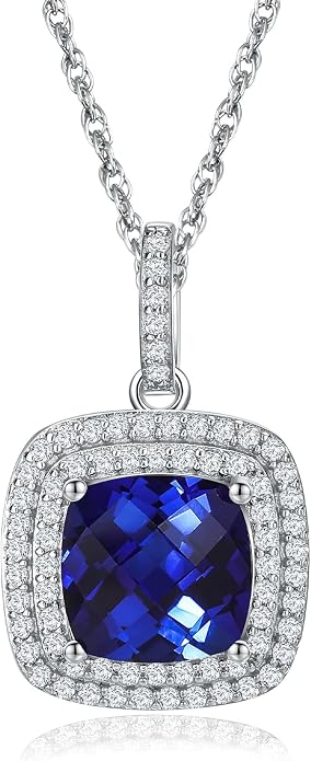 Birthstone Necklace for Women 925 Sterling Silver Cushion/Pear Cut Created Gemstone Halo Pendant Necklace Birthstone Jewelry