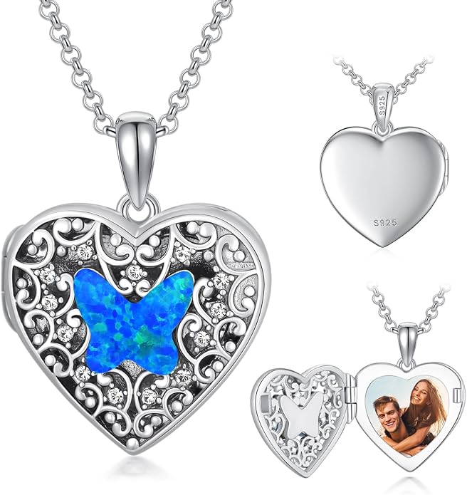 Dorunmo Personalized Locket Necklace 925 Sterling Silver that Holds Pictures Butterfly Birthstone Photo Heart Locket Custom Jewelry Congratulations New Beginnings New Job Gifts for Women