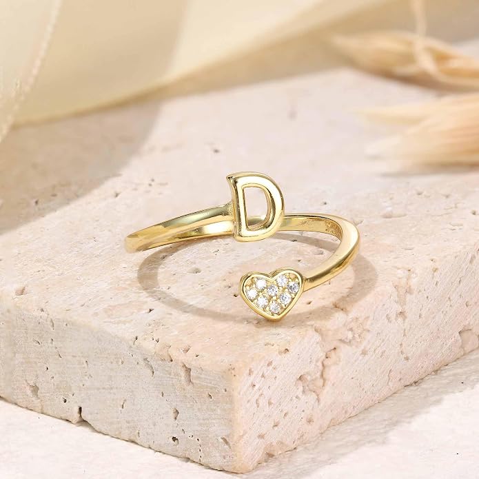 MILACOLATO 925 Sterling Silver Initial Rings for Women Teen Girl 18K Gold Plated Heart Initial Rings Adjustable Capital Letter Ring Stackable Thumb Pinky Rings for Daughter Birthday Bridesmaid Gifts Jewelry, A to Z