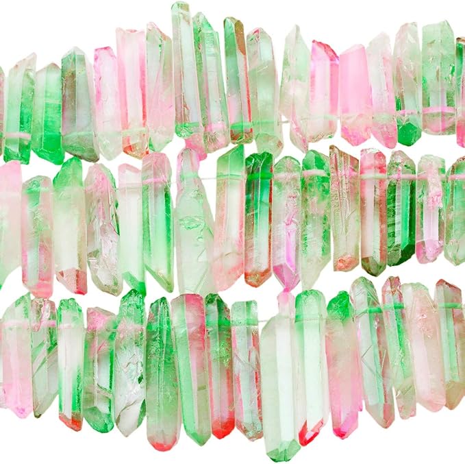TUMBEELLUWA Rock Quartz Crystal Points Loose Beads for Jewelry Making, Titanium Coated Polished/Raw Quartz Beads 15 Inches Top Drilled,Green/Pink Crystal Points(0.5"-1.6")