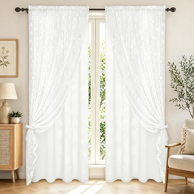 ASPMIZ Linen Curtains for Living Room Double Layer Curtains with Linen Lace, White Curtain for Bedroom Light Filtering, Rod Pocket Drapes 84 Inch Length 2 Panels Set with 2 Tiebacks, 52x84
