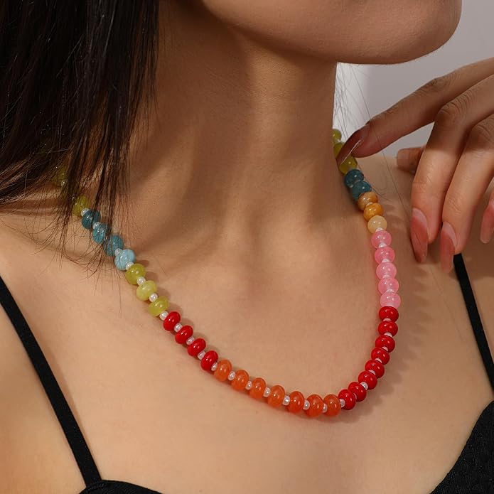 LALAPPLE Colorful Beaded Gemstone Necklace for Women, Boho Rainbow Bead Choker with Natural Stone Crystal Beads, Handmade Summer Beach Necklace Jewelry
