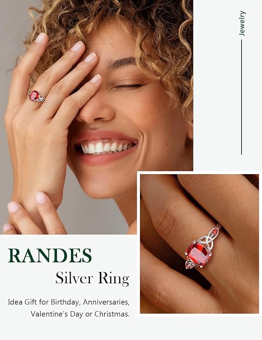 925 Sterling Silver Birthstone Rings for Women Cushion Cut Engagement Celtic Knot Ring Irish Jewelry Created Gemstone Anniversary Rings Size 6-10(with Box)