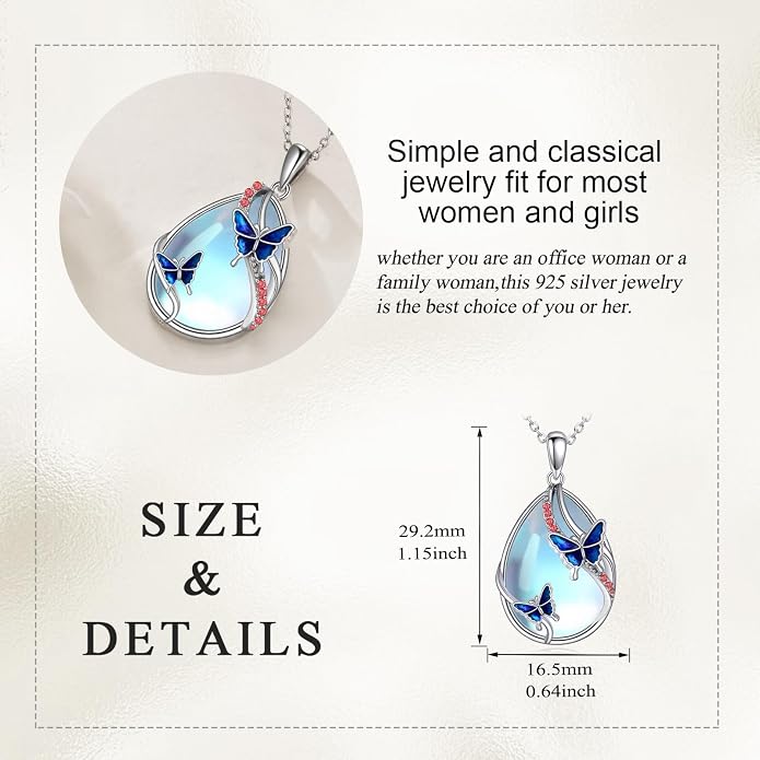 KQF Dragonfly/Butterlfy/Cat/Jellyfish/Bunny/Axolotl/Bee/Mermaid/Hummingbird/Elephant Necklace for Women Sterling Silver Moonstone Pendant Necklace Dragonfly Jewelry Gifts for Women