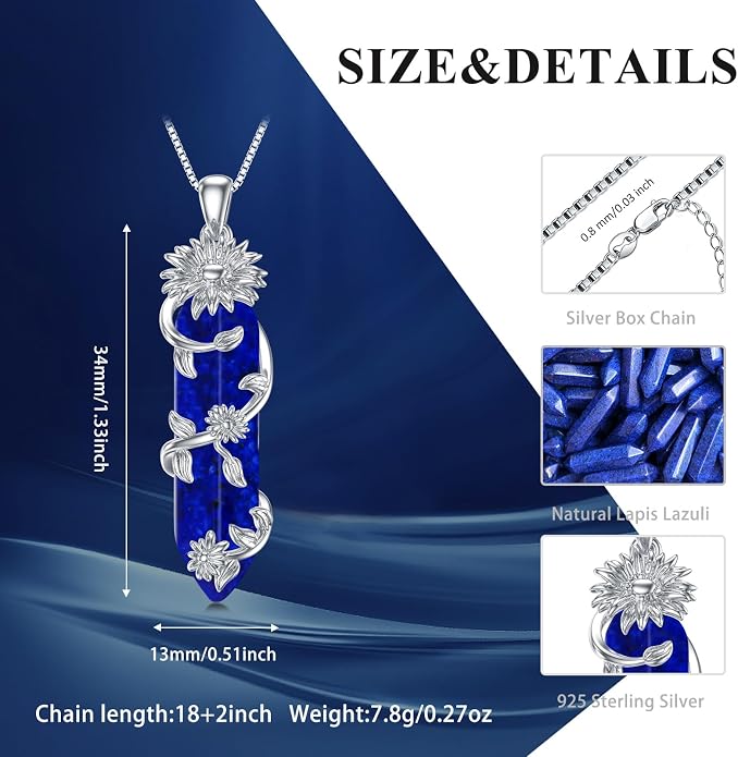Healing Crystal Necklace 925 Sterling Silver Sunflower/Tree of Life Wrapped Pendant Reiki Energy Jewelry for Women