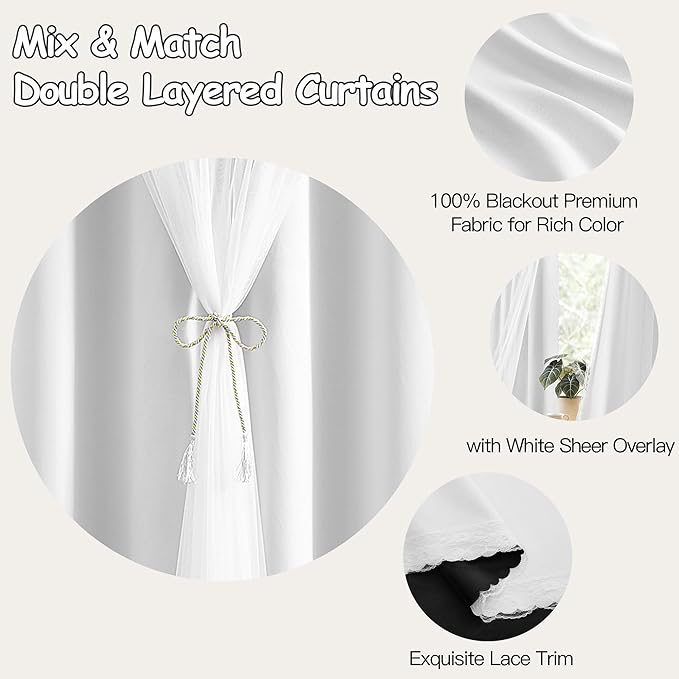 XiDi White Blackout Curtains with Sheer Overlay for Bedroom 63 Inches Long 2 Panels 100% Black Out Double Layer Curtains Thermal Insulated Room Darkening Grommet Short Drapes Greyish White 52W x 63L
