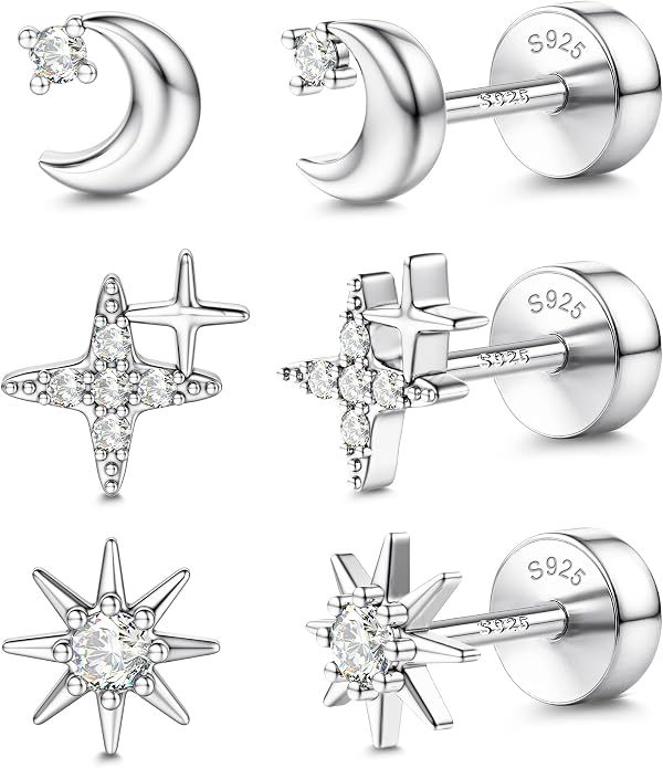 14K Gold Plated Solid 925 Sterling Silver Post Flat Back Earrings Stud | Cartilage Helix Conch Tragus Piercing Jewelry 3 Pairs Tiny Screw Dainty CZ Opal Earring Set Men Women