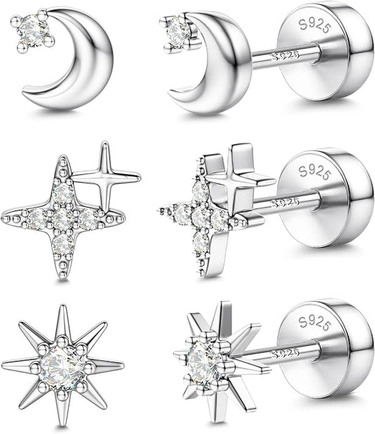 14K Gold Plated Solid 925 Sterling Silver Post Flat Back Earrings Stud | Cartilage Helix Conch Tragus Piercing Jewelry 3 Pairs Tiny Screw Dainty CZ Opal Earring Set Men Women