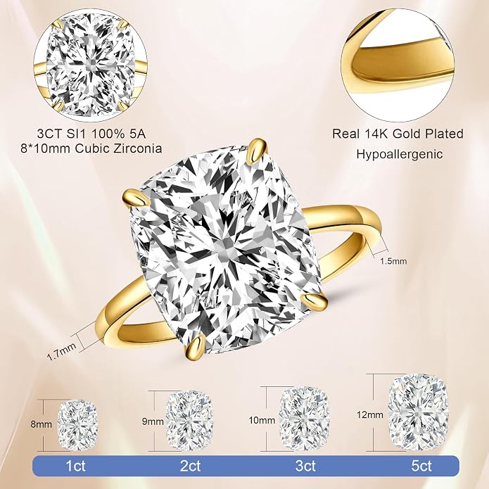 AVECON 3CT/5CT Elongated Cushion Cut Engagement Ring for Women, Promise Wedding Cubic Zirconia 14K Gold/White Gold Plated Band Size 5-9