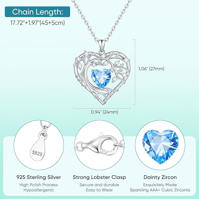 Tree of Life Birthstone Pendant Necklace - 925 Sterling Silver Heart Cubic Zirconia Diamond Women Pendant Necklaces for Her Daughter Girlfriend Birthday Gift Ideas for Wife Mom for Valentines Day
