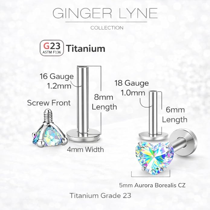 Titanium Heart CZ Labret Stud Earrings for Piercings by Ginger Lyne 6Pc Set G23 Screw Front Flat Back Body Jewelry 2 pair post 6mm, 8mm Cartilage, Helix, Tragus, Lip, Conch, Lobe