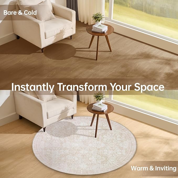 Sasttie Round Rug 4ft, Ultra-Soft Washable Circle Rug, Low Pile Foldable Thin Carpets with Non-Slip Backing, Skin-Friendly Stain Resistant Carpet for Living Room, Bedroom, Kitchen, Dorm, 4ft, Cream
