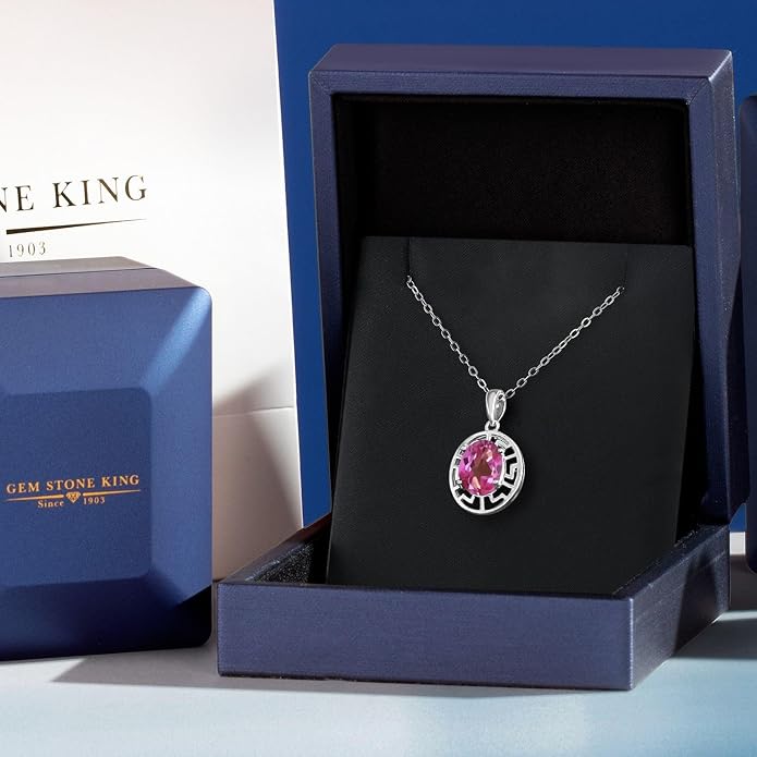Gem Stone King 925 Sterling Silver 10X8MM Oval Gemstone Birthstone Necklace | Greek Key Pendant Necklace for Women | With 18 Inch Silver Chain