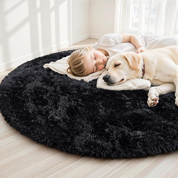 Black Round Fluffy Rug 5ft Plush Fuzzy Shaggy Carpet,Soft Rugs for Living Room for Nursery,Preppy Dorm,Classroom,Playroom,Teen,Baby Home Decor (Black 5"x5")