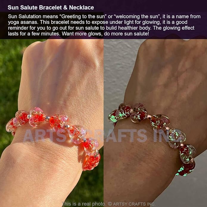 ARTSY Crafts Glow in the Dark Heart Shaped Glass Bead Bracelets & Necklaces, Handmade in USA