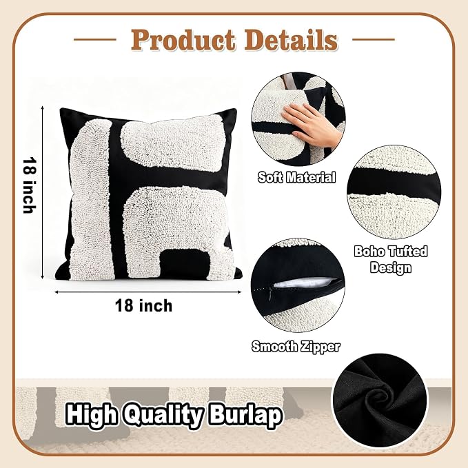 LandIdyll 2 Pcs Black and Cream Chunky Tufted Pillow Covers 18 x 18 Inch Boho Black and White Throw Pillow Covers Set Decorative Modern Abstract Geometric Pillowcase for Living Room Bed Couch Sofa