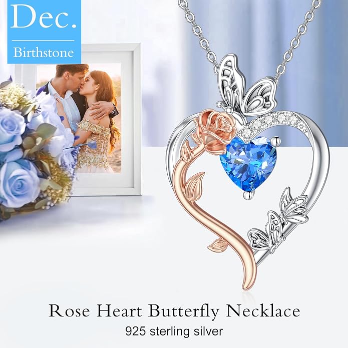 TOUPOP Rose Heart Birthstone Necklace 925 Sterling Silver Heart Butterfly Pendant Love Jewelry Birthday Gifts for Women Wife Mom Her