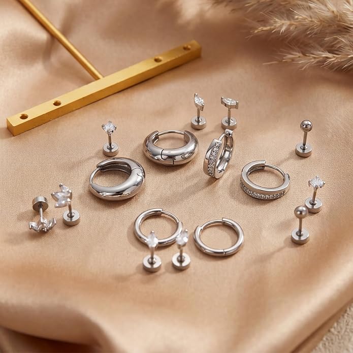 Stainless Steel Stud Earrings Set for Women Hypoallergenic Flat Back Cartilage Earrings Screw Back Huggie Hoop Earrings Multiple Piercing Cubic Zirconia Helix Tragus Jewelry