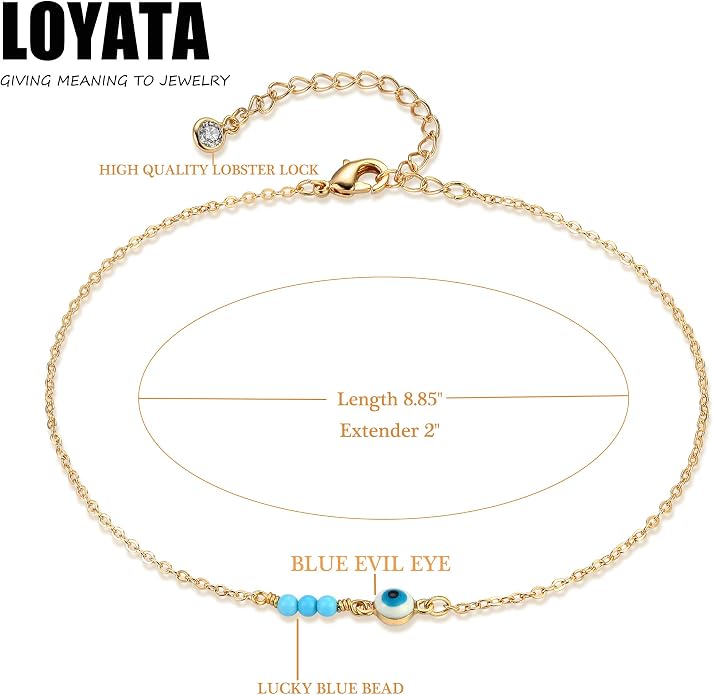 LOYATA Dainty Ankle Bracelet,14K Gold Plated Tiny Bead Anklet Dainty White Cubic Zirconia Cross Tassel Foot Chain Cute Lucky Moon Evil Eye Foot Jewelry Boho Anklets for Women