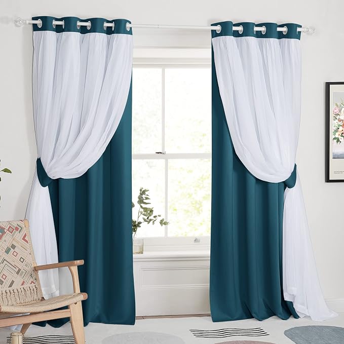 PONY DANCE 2 Layers Curtains Set - Room Darkening Mix & Match Room Darkening Curtains with White Sheer Voile, 52" Wide and 84" Long, Ink Blue, 2 Panels