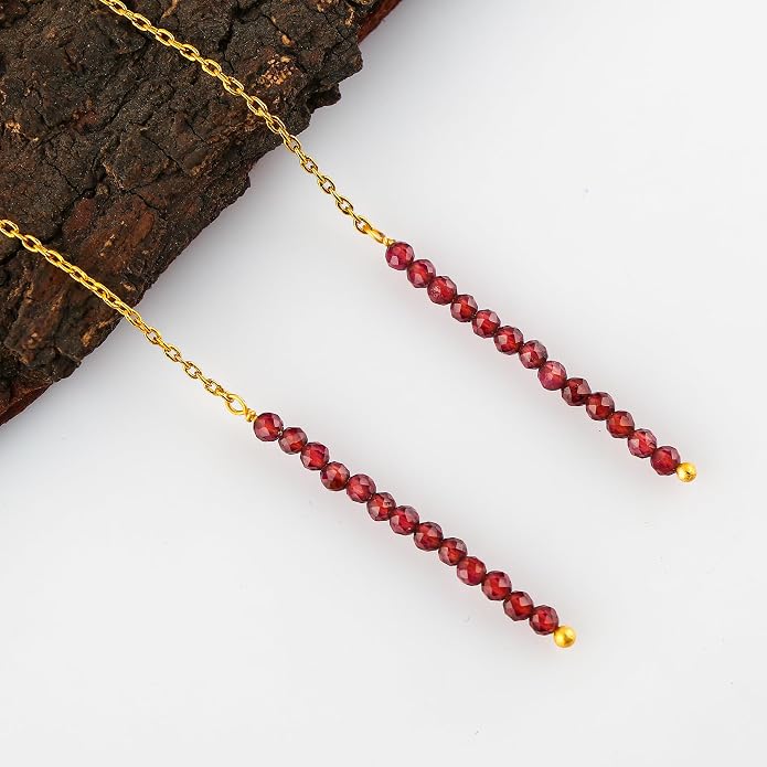 Natural Gemstone Threader Earrings for Women - Dainty 2mm Faceted Beads - Birthstone Crystal Drop Earrings - Silver Plated Healing Jewelry