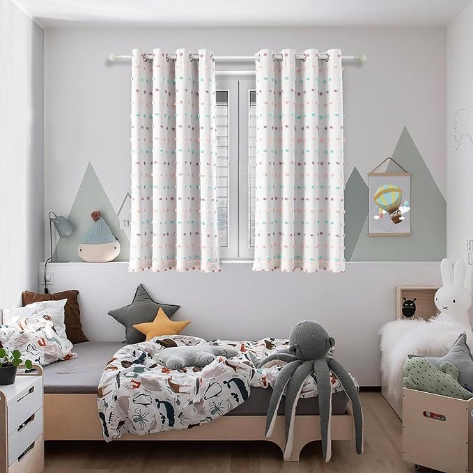 MYSKY HOME Total Blackout Curtains for Kids Bedroom Nursery Curtains 100% Light Block Doubled Curtains with Rainbow Pom Pom Sheer Window Drapes Room Darkening Grommet Set of 2, 52 x 54 in