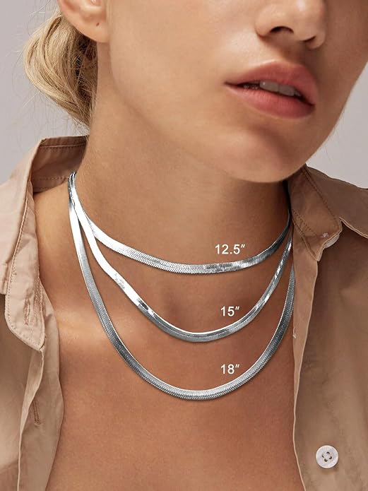 FOCALOOK 14K Gold Plated Necklaces for Women, Fashion Herringbone Choker Necklace Stainless Steel Flat Snake Chain 3/5MM(W) 12.5"/15"/18"+3.5"(L)
