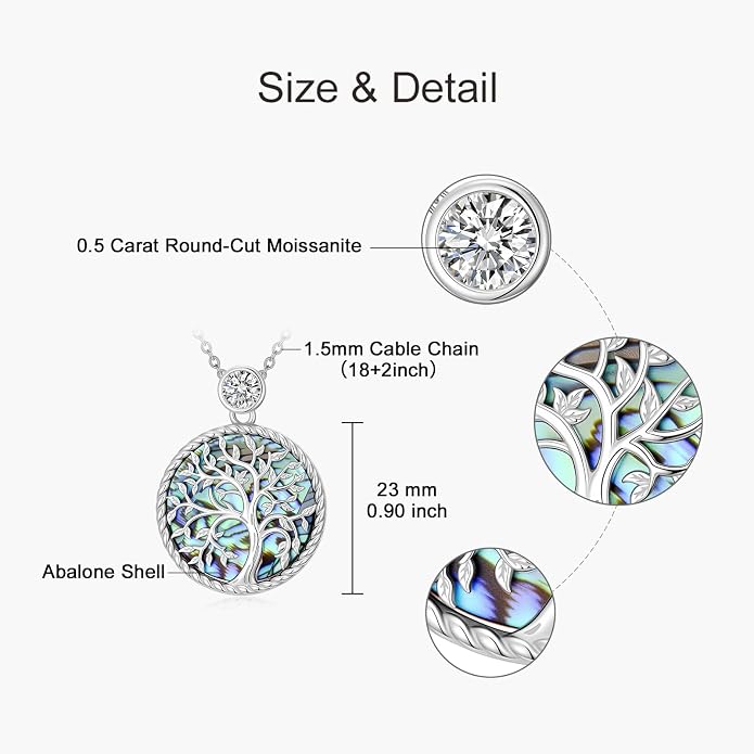 Tree of Life Moissanite Necklace, 925 Sterling Silver 0.5 Carat Moissanite Abalone Shell/Opal/Black Onyx/Turquoise/Malachite/Tiger Eye Stone Tree of Life Pendant Necklaces Jewelry Gift for Women Mom