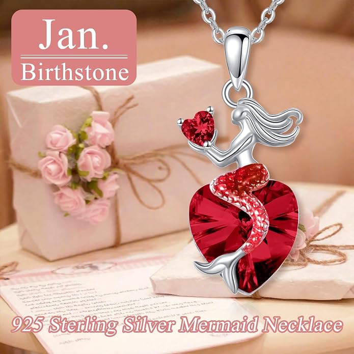 Mermaid Birthstone Necklace for Women 925 Sterling Silver Jewelry Austrian Crystal Pendant Christmas Gifts for Her