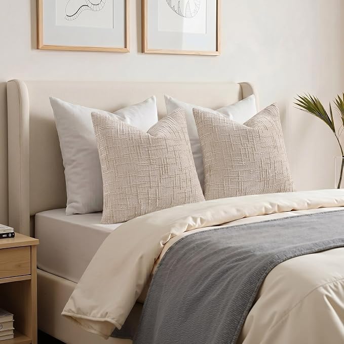 decorUhome Textured Chenille Throw Pillow Covers 24x24 Set of 2 Ivory | Fall Modern Farmhouse Soft Cozy Slubby Couch Pillow Cases Boho Decorative Pillow Cases for Bed Sofa Living Room Home Decor