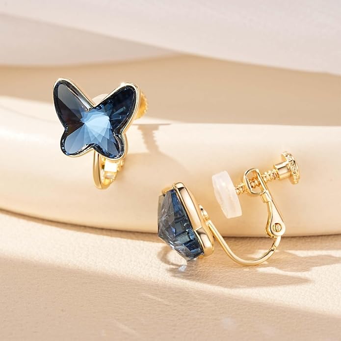 EVEVIC Austrian Crystal Butterfly Clip On Earrings for Women Adjustable Screw Back Non Pierced Earring 14K Gold Plated Hypoallergenic Jewelry