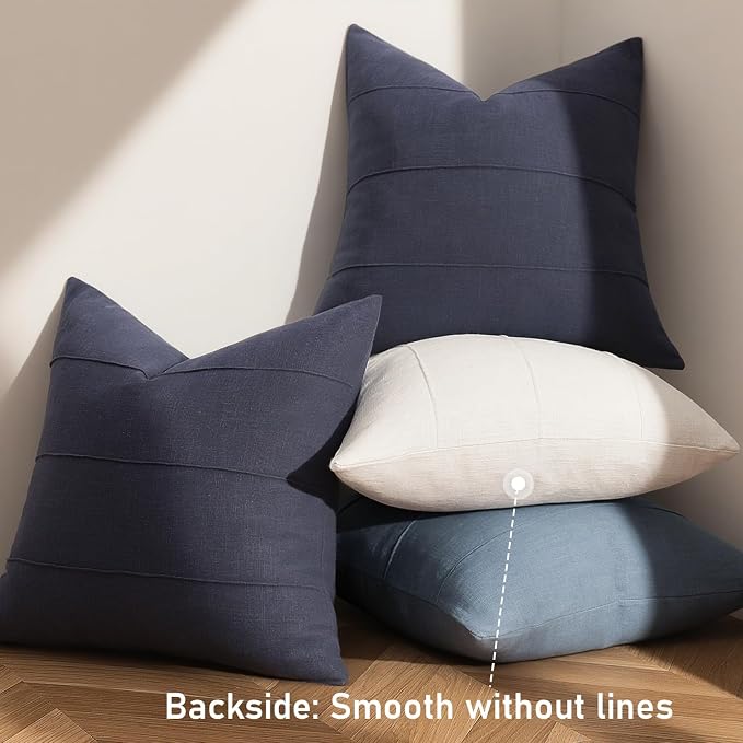 ZWJD Decorative Linen Throw Pillow Covers 20x20 Set of 2 Solid Handcrafted Striped Cushion Covers for Bed Soft Modern Farmhouse Neutral Pillowcase for Couch Bedroom Living Room Home Decor(Dark Navy)
