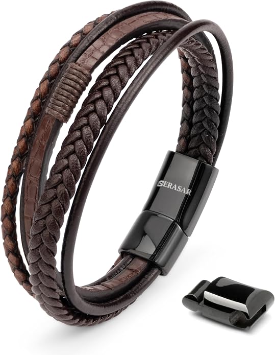 SERASAR | Premium Bracelet for Men in Genuine Black & Brown Leather | Magnetic Stainless Steel Clasp | Jewelry Box Included | Great Gift Idea