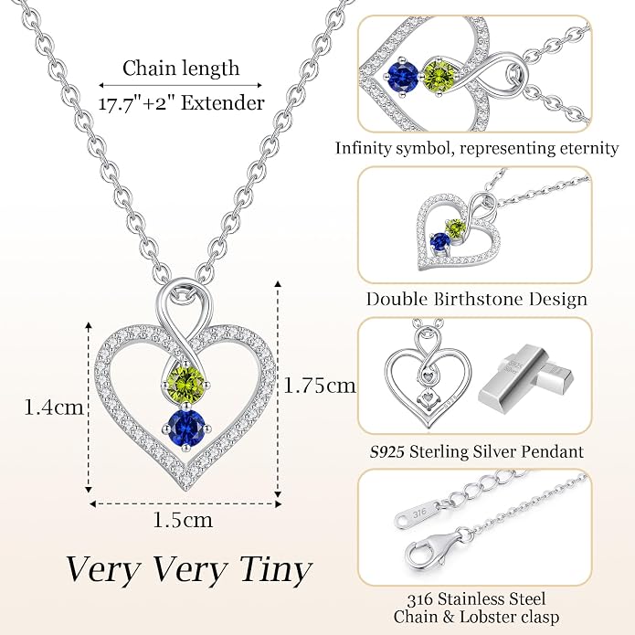 LOUISA SECRET Double Birthstone Necklaces for Women, 925 Sterling Silver Infinity Love Heart Pendant Necklace for Her, Birthday Anniversary Valentine's Day, Christmas, Wedding, Graduation Gift for Her, Personalized Gifts, Jewelry Gifts for Wife Mom Gir...