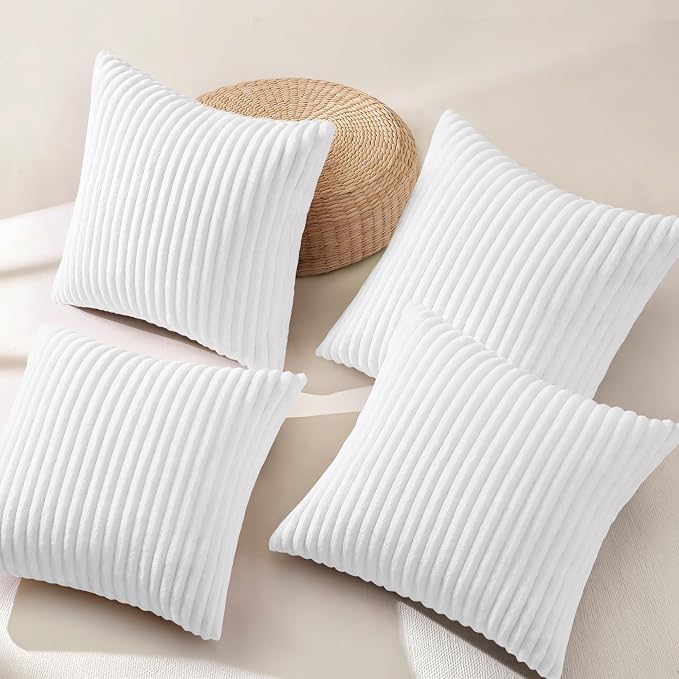 decorUhome Flannel White Throw Pillow Covers 18X18 Set of 4 | Decorative Fall Soft Fluffy Striped Double-Sided Couch Pillow Covers, Modern Farmhouse Pillow Cases for Sofa bed Home Decor