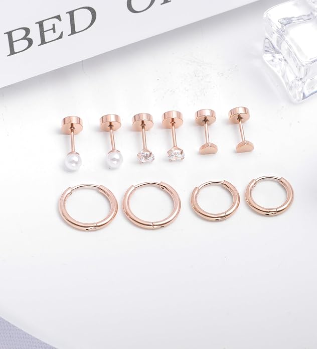 MJust Titanium Earrings for Sensitive Ears 20G Hypoallergenic Stud Hoop Earrings for Women Men Opal Ball CZ Heart Pearl Flat Back Earrings Cartilage Earrings Set